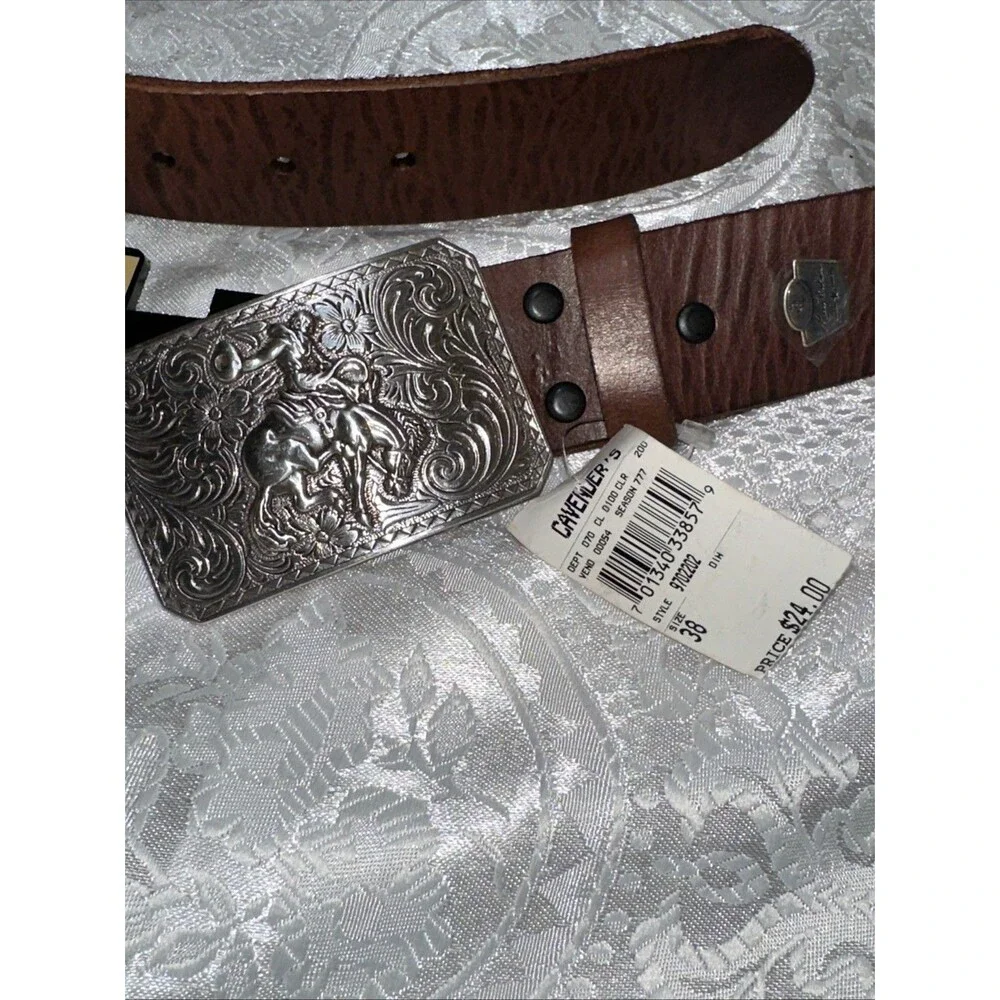 Larry Mayan SZ 8 Western Brown Leather Belt Bucking Bronco Buckle Mens
